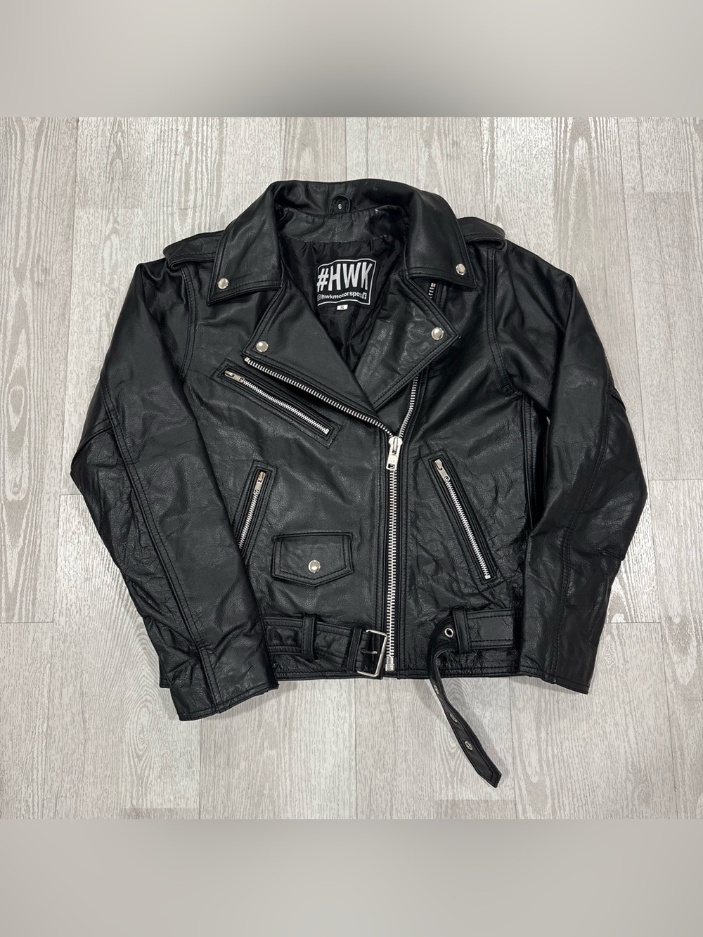 HWK Genuine Leather Motorcycle Biker Jacket (Black) Size S